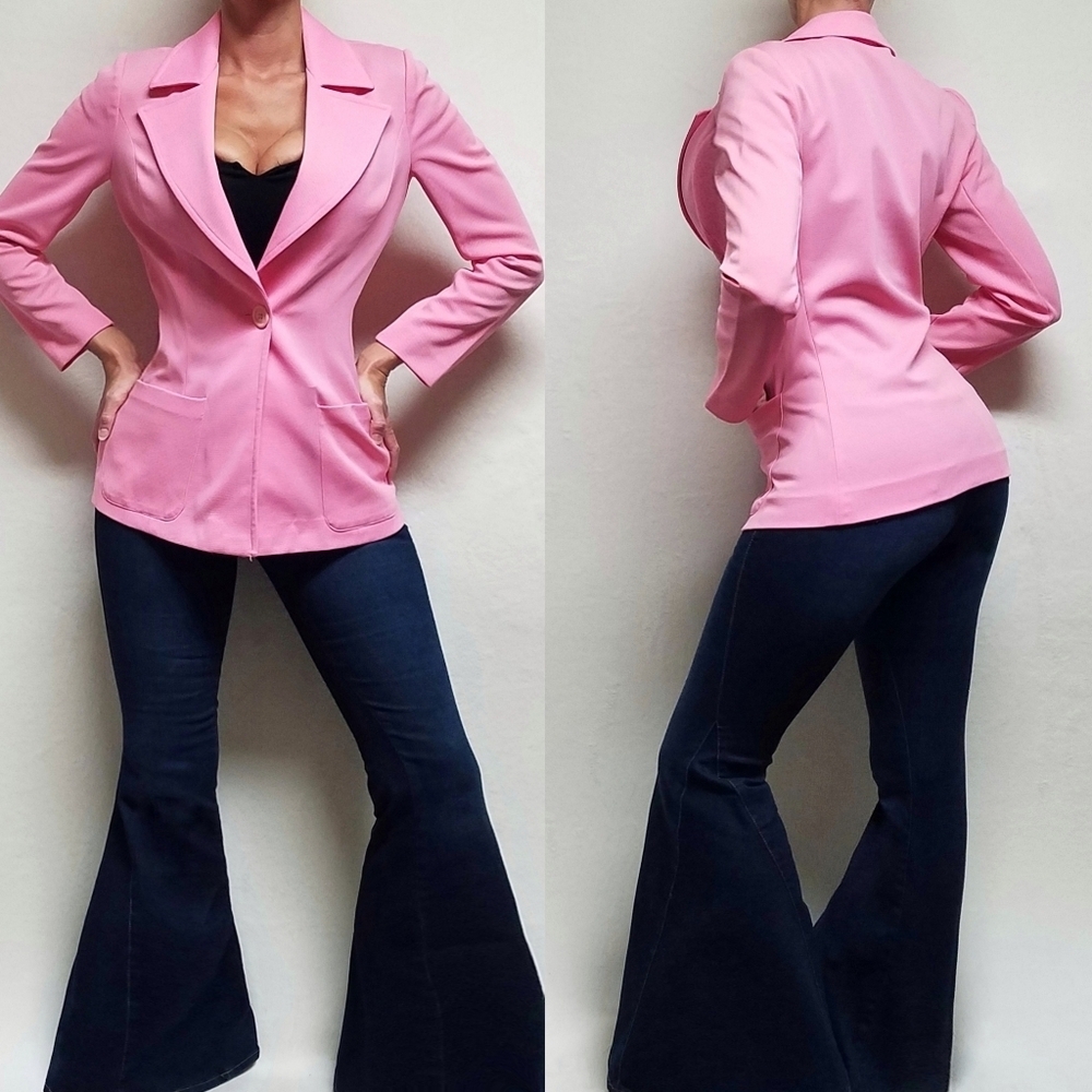 60s Vintage Aileen Bubblegum Pink Knit V-neck Notched Dagger Collar Blazer 10